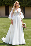 A Line Ivory Puff Sleeve Wedding Dress with Appliques
