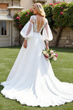 A Line Ivory Puff Sleeve Wedding Dress with Appliques