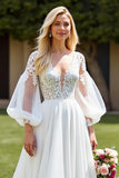A Line Ivory Puff Sleeve Wedding Dress with Appliques