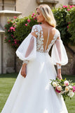A Line Ivory Puff Sleeve Wedding Dress with Appliques