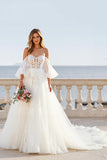 Off The Shoulder A Line Ivory Appliqued Wedding Dress