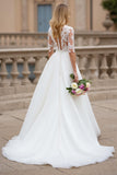 Ivory A Line High Neck Wedding Dress with Lace