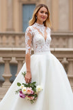Ivory A Line High Neck Wedding Dress with Lace
