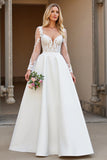 Appliqued Ivory A Line Long Sleeve Wedding Dress