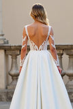 Appliqued Ivory A Line Long Sleeve Wedding Dress