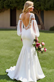 Ivory V-Neck Appliqued Mermaid Wedding Dress