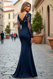Navy Mermaid Long Sleeve Mother Of The Bride Dress With Appliques
