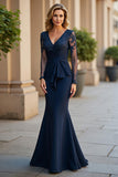 Navy Long Sleeve Ruched Mermaid Mother Of The Bride Dress With Appliques