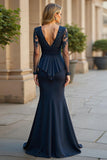 Navy Long Sleeve Ruched Mermaid Mother Of The Bride Dress With Appliques