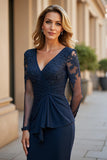 Navy Long Sleeve Ruched Mermaid Mother Of The Bride Dress With Appliques
