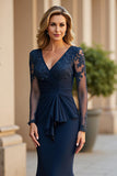 Navy Long Sleeve Ruched Mermaid Mother Of The Bride Dress With Appliques