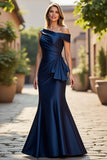 Mermaid Navy Satin Ruched Mother Of The Bride Dress
