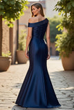 Mermaid Navy Satin Ruched Mother Of The Bride Dress