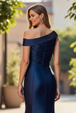 Mermaid Navy Satin Ruched Mother Of The Bride Dress