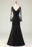 Black Mermaid V-Neck Appliqued Mother Of The Bride Dress