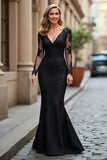 Black Mermaid V-Neck Appliqued Mother Of The Bride Dress