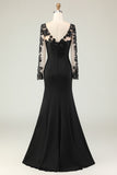 Black Mermaid V-Neck Appliqued Mother Of The Bride Dress
