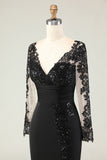 Elegant Black Mermaid V-Neck Mother Of The Bride Dress with Sequins