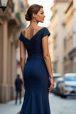 Beaded Mermaid Off The Shoulder Navy Mother Of The Bride Dress
