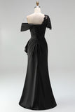 One Shoulder Black Mermaid Appliqued Mother Of The Bride Dress