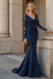 Navy V-Neck Mermaid Long Sleeve Appliqued Mother Of The Bride Dress