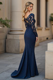 Navy V-Neck Mermaid Long Sleeve Appliqued Mother Of The Bride Dress