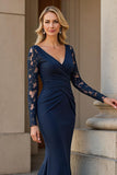 Navy V-Neck Mermaid Long Sleeve Appliqued Mother Of The Bride Dress