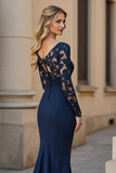 Navy V-Neck Mermaid Long Sleeve Appliqued Mother Of The Bride Dress