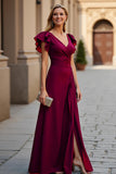 Burgundy Puff Sleeve A-Line Mother Of The Bride Dress With Slit
