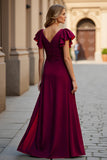 Burgundy Puff Sleeve A-Line Mother Of The Bride Dress With Slit