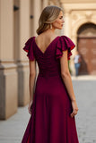 Burgundy Puff Sleeve A-Line Mother Of The Bride Dress With Slit