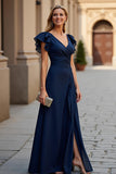 Burgundy Puff Sleeve A-Line Mother Of The Bride Dress With Slit