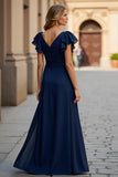 Burgundy Puff Sleeve A-Line Mother Of The Bride Dress With Slit
