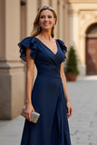 Burgundy Puff Sleeve A-Line Mother Of The Bride Dress With Slit