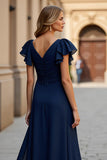Burgundy Puff Sleeve A-Line Mother Of The Bride Dress With Slit