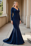 Elegant Mermaid Long Sleeve Navy Mother Of The Bride Dress