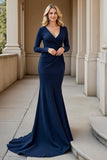 Elegant Mermaid Long Sleeve Navy Mother Of The Bride Dress
