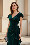 Pine Ruched Cap Sleeve V-Neck Mother Of The Bride Dress