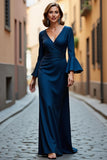 Mermaid Navy Mother Of The Bride Dress with Flare Sleeves