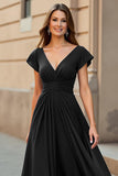 Black A-Line Ruched Mother Of The Bride Dress