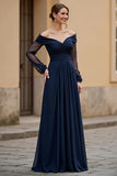 Navy A-Line Off The Shoulder Mother Of The Bride Dress With Long Sleeves