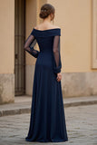 Navy A-Line Off The Shoulder Mother Of The Bride Dress With Long Sleeves
