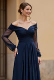 Navy A-Line Off The Shoulder Mother Of The Bride Dress With Long Sleeves