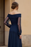 Navy A-Line Off The Shoulder Mother Of The Bride Dress With Long Sleeves