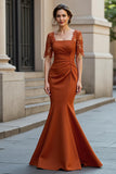Rust Mermaid Half Sleeve Appliqued Mother Of The Bride Dress