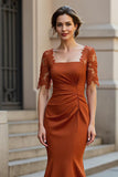 Rust Mermaid Half Sleeve Appliqued Mother Of The Bride Dress