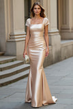Satin Mermaid Champagne Formal Dress With Lace