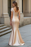 Satin Mermaid Champagne Formal Dress With Lace