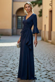 Navy Mermaid Flare Sleeve V-Neck Mother Of The Bride Dress