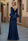 Navy Mermaid Flare Sleeve V-Neck Mother Of The Bride Dress